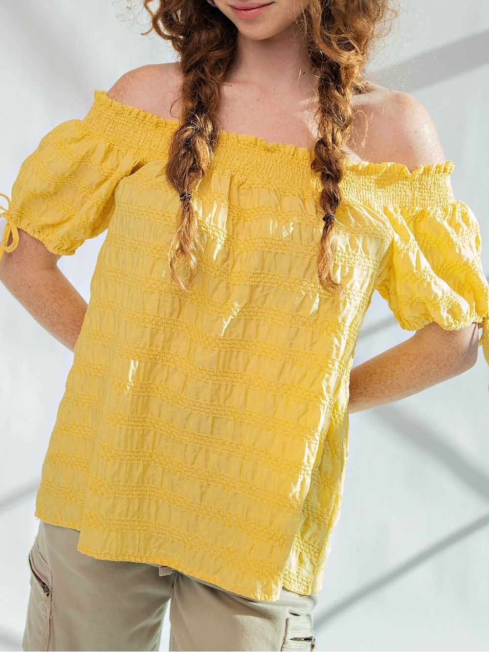NWT EASEL Bohemian Yellow Textured Off Shoulder Top S M L